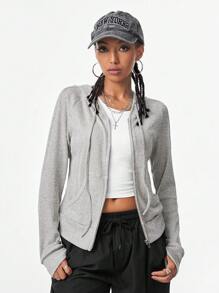 Muchica 女士秋季街头休闲微绒舒适紧身长袖连帽拉链运动衫 - 灰色 - 查看 6