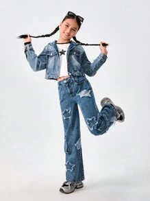 SHEIN Tween Girls Casual Loose Fit Hooded Washed Denim Jacket, Versatile Spring & Autumn Design - Medium Wash - View 6