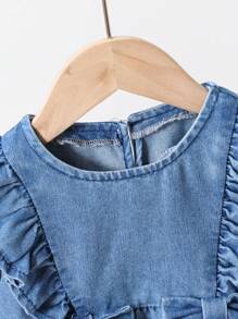 SHEIN Infant Girls' Blue Denim Cute Bowknot Ruffled Collar Blouse - Medium Wash - View 5