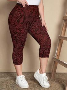 EMERY ROSE Plus Size Casual Paisley Print Leggings Summer Dress Outfits For Women Spring Clothing Outfit Beach Vacation Holiday Country Style - Burgundy - View 2