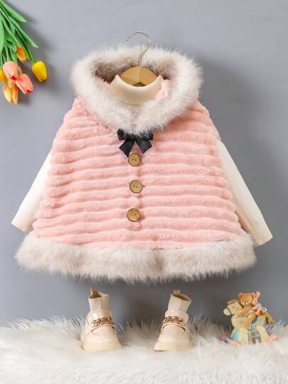 Young Girl Fluffy Hooded Poncho Jacket For Autumn Winter, Suitable For Various Layering With Pants, Ideal For Daily Casual Wear