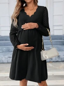 SHEIN Pregnant Women V-Neck Shell Trim Long Sleeve Dress, For Maternity