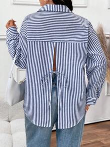 SHEIN Frenchy 大码女装春夏宽松条纹袖花卉装饰衬衫 - 藍色 - 查看 2