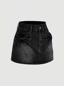SHEIN MOD 女式前扣蝴蝶结装饰休闲牛仔 A 字裙 - 黑色 - 查看 3