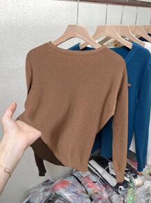 SHEIN Clasi Áo cánh tay dài màu trơn cỡ lớn cài nút phía trước thường ngày - Lạc đà - Xem 2