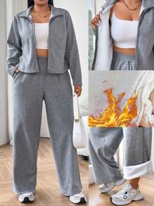 Flirla 2 件大码休闲纯色保暖内衬上衣和裤子套装，秋冬