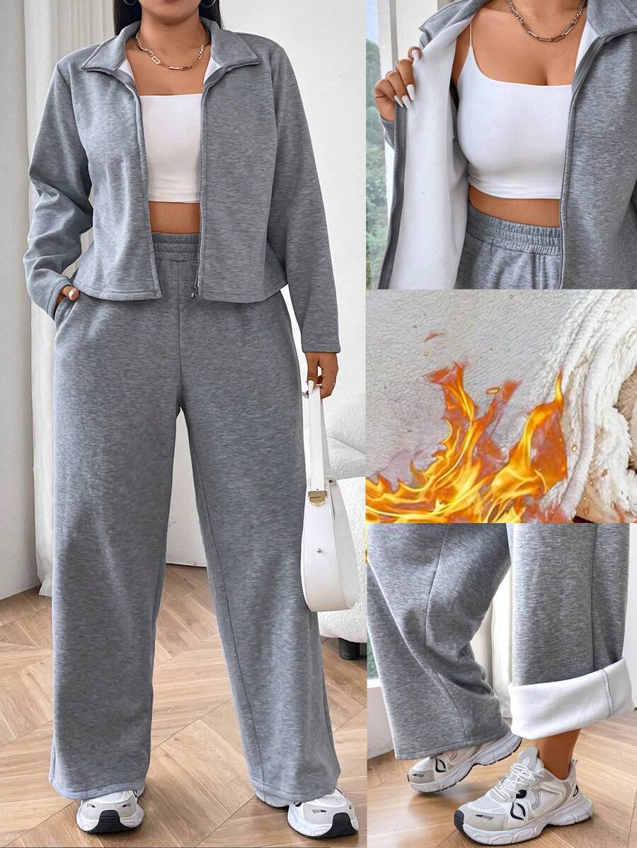 Flirla 2 件大码休闲纯色保暖内衬上衣和裤子套装，秋冬