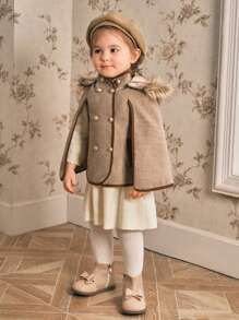 SHEIN Áo khoác len dệt kim trùm đầu hai hàng khuy thanh lịch cho bé gái, mùa thu đông - Màu Khaki - Xem 3