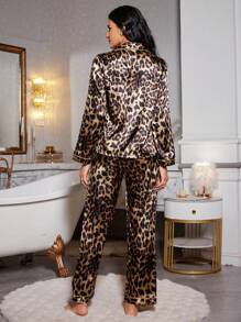 LuxeNights Leopard Print Silk-Like Lapel Top And Long Pants Women Pajama Set, Fall Winter Clothes Cozy And Elegant Details - Multicolor - View 2