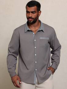 Manfinity Homme 大码男士春秋拼色格子长袖口袋宽松休闲衬衫，适合外出 - 灰色 - 查看 3