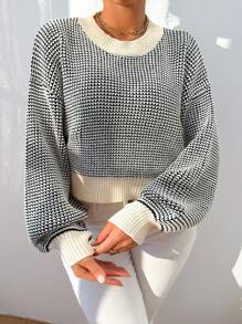 Zolique Women's Sweater, Knitted Pullover, Long Sleeved Gray White Top, Loose Fitting, Friends Gathering, Four Seasons, Autumn And Winter Women's Clothing  Fall Outfit