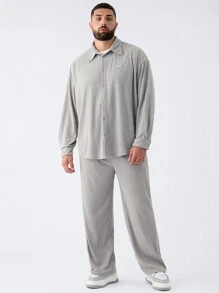 Manfinity VCAY 男士大码休闲针织宽松长袖衬衫和中腰抽绳直筒裤套装，适合日常穿着