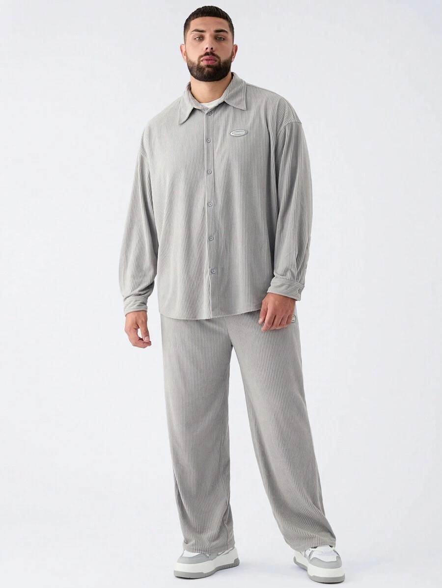 Manfinity VCAY 男士大码休闲针织宽松长袖衬衫和中腰抽绳直筒裤套装，适合日常穿着