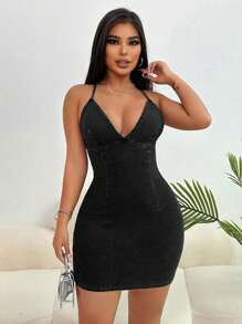 SHEIN SXY Gaun Mini Denim Wanita Seksi Tanpa Punggung dengan Leher Halter, Musim Panas - Hitam - View 3