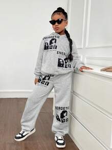 SHEIN Bộ quần áo hoodie rộng rãi và quần nỉ cho bé gái tuổi mới lớn có in hình chân dung và khẩu hiệu - Xám - Xem 5
