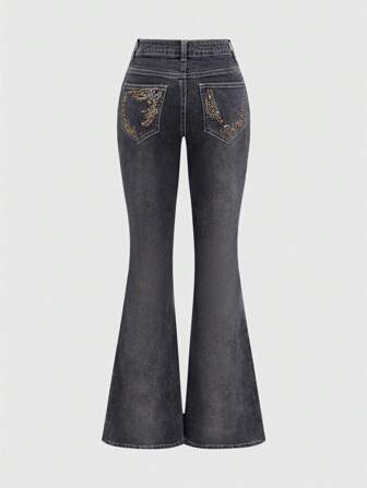 Goth Jeans de campana con bordado de vid vintage, tachuelas de cobre para mujeres