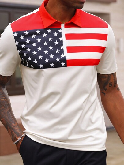 Manfinity Homme Men's Summer US Flag Printed Casual Commuter Polo Shirt , USA Top