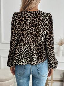 Calvaya 豹纹印花系带领灯笼袖荷叶边衬衫荷叶边上衣 - 彩色 - 查看 2