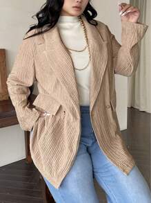 SHEIN Clasi Blazer de rayas con textura a la moda, con cuello de solapa, manga larga y bolsillo, talla grande - Albaricoque - Ver 3