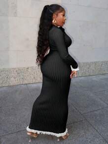 Slaydiva 秋冬休闲优雅V领长袖开襟截角微喇叭袖口上衣修身长裙绿边玫粉色罗纹针织针织女毛衣两件套-A