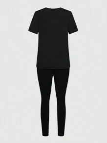 INAWLY 2pcs Set: Man Wearing Necklace Pattern Printed Round Neck Short Sleeve Top And Pants - Black - View 2