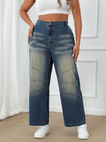 SHEIN Essnce 大码女式宽松直筒口袋休闲舒适牛仔裤 - 深色水洗藍 - 查看 1