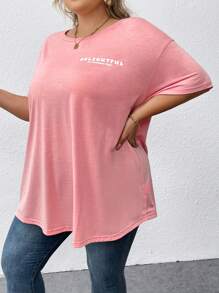 SHEIN CURVE+ 大码花卉印花 T 恤，休闲宽松圆领短袖 T 恤 - 粉色 - 查看 5