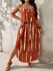 SHEIN LUNE Plus Size Skin-Friendly Tie-Dye A-Line Spaghetti Strap Dress - Brown - View 5
