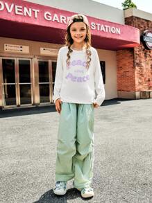 2 件/套女孩“和平与爱”印花套头长袖 T 恤，适合国际和平日 - 彩色 - 查看 11