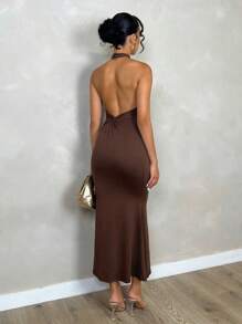 Glamine 后扭式挂脖中长连衣裙，女士性感露背无袖挂脖修身长款棕色纯色修身女式长裙，春夏，派对/夜总会服装超长女装 - 棕色 - 查看 7