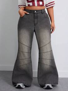 SHEIN ICON Jeans droits en denim gris déchiré grande taille pour femmes