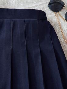 Sparklyn 青少年女孩纯色褶饰短款休闲裙，适合度假、夏季、旅行 - 藏蓝色 - 查看 4