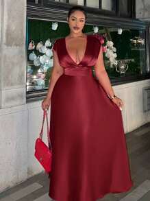 Slaydiva Plus Size - High-End Elegant Non-Stretch Sateen Fitted Fuchsia V-Neck Swing Shiny Plus Size Dress - Burgundy - View 1
