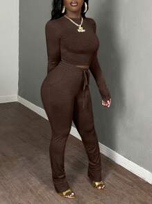 Slaydiva 2pcs Women Casual Basic Long Sleeve Crew Neck Crop Top And Drawstring Waist Skinny Sweatpants Set, Fall & Winter - Brown - View 7