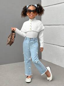 SHEIN 2pcs/Set Toddler Girls' New Solid Color Knit Shawl Collar Pullover Sweater And Casual Matching White Outfit, Autumn - White - View 4