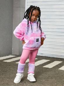 SHEIN 年轻女孩扎染双面羊毛连帽衫和拼布运动裤套装