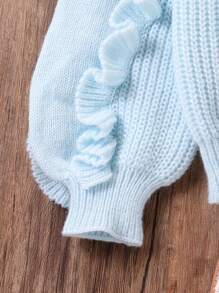SHEIN Tween Girls Sweaters Fashion Elegant Minimalist Beaded Ruffle Hem Pullover Warm Crew Neck Knit Tops For Winter - Baby Blue - View 6