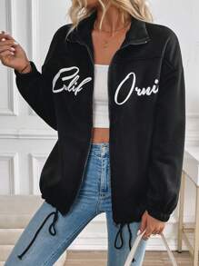 SHEIN LUNE Women's Long Sleeve Fashionable Street-Style Zip-Up Letter Print Hoodie Fall Sweatshirt - Black - View 4