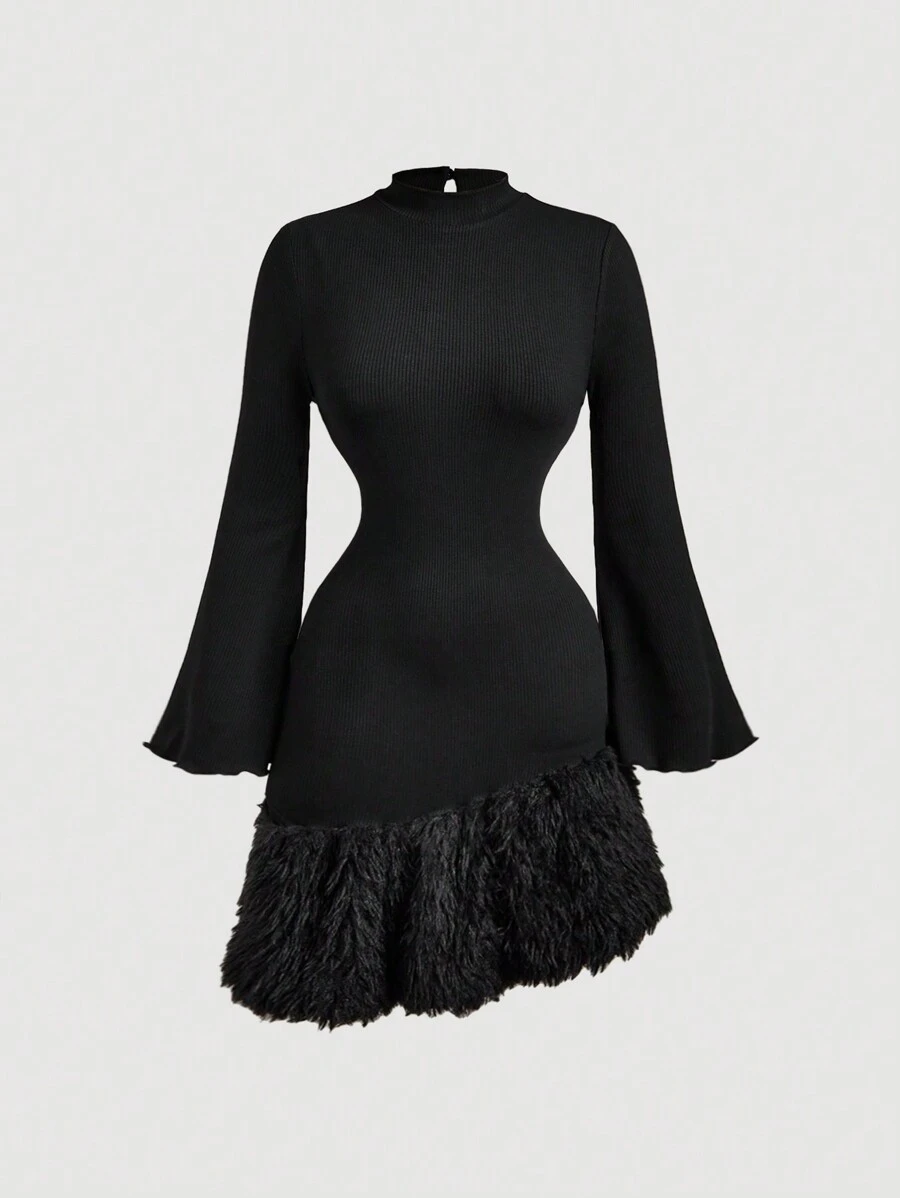 SHEIN MOD Elegant Black Asymmetric Hem Puff Sleeve Fuzzy Panel Long Sleeve Dress For Autumn,Bar Party,Formal,Goth,Renaissance & Homecoming Birthday Outfits - Black - View 1
