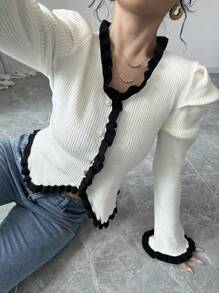 Chiquease New V-Neck Puff Sleeve Long Sleeve Elegant Knitted Button Up Sweater For Women, Fall Winter - Beige - View 5