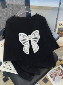 SHEIN LUNE 女士夏季宽松蝴蝶图案圆领落肩 T 恤图案 T 恤女式上衣 - 黑色 - 查看 1