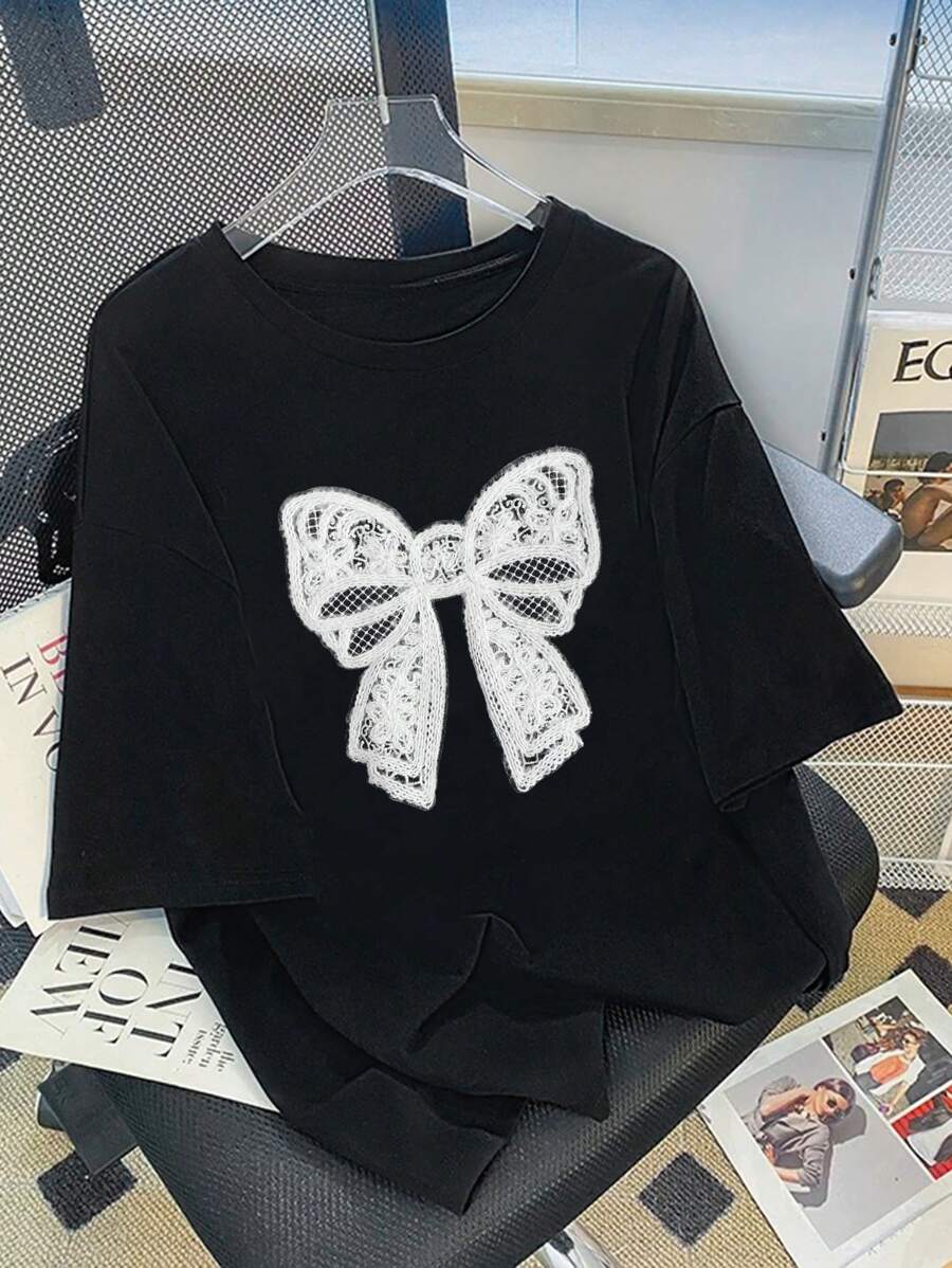 SHEIN LUNE 女士夏季宽松蝴蝶图案圆领落肩 T 恤图案 T 恤女式上衣 - 黑色 - 查看 1