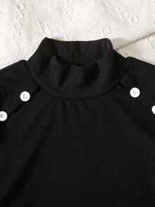 Tween Girl 2 件套：黑色半高领盖袖细节衬衫和格子印花休闲裤 - 黑色 - 查看 4