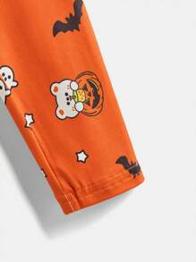 2 件套小女孩熊和南瓜图案长袖上衣和全身印花紧身裤万圣节服装