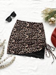 Soleia 女士时尚豹纹沙滩裙，配有侧抽绳和褶皱，撞色黑色迷你裙 - 彩色 - 查看 5