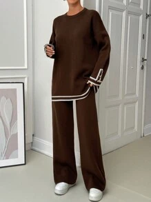 EURMUSE Women Stripe Pattern Round Neck Drop Shoulder Pullover & Sweater Pants Set