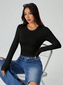SHEIN PETITE Solid Long Sleeve Slim Fit White T-Shirt Bodysuit - Black - View 7