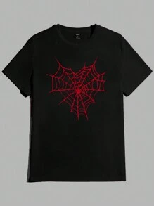 Manfinity Homme Valentine's Day Casual Spider Web & Heart Print Unisex Black T-Shirt, Great Gift For Boyfriend