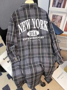 Tween Girl 复古学院风编织休闲格子字母图案落肩拼色高低下摆外套，长款衬衫外套 - 深灰色 - 查看 1