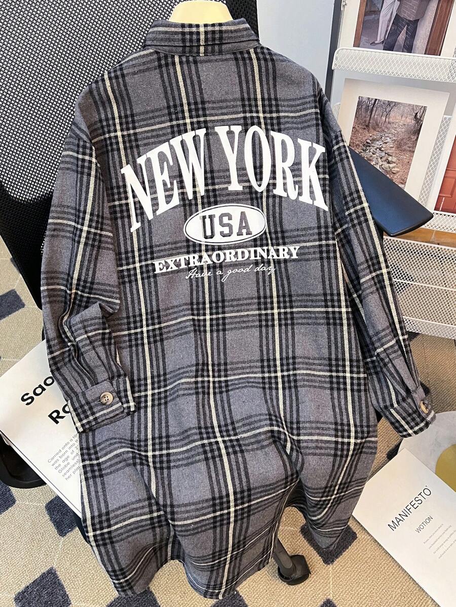 Tween Girl 复古学院风编织休闲格子字母图案落肩拼色高低下摆外套，长款衬衫外套 - 深灰色 - 查看 1